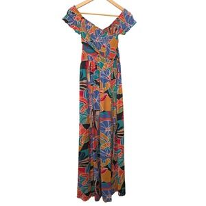 Aakaa Tropical Floral Smocked Maxi Dress Off Shoulder Slit Resortwear Vacation